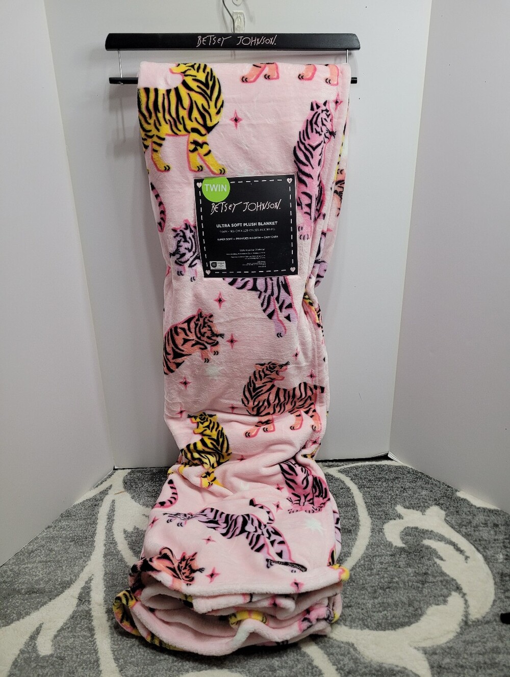 Betsey Johnson Pink Yellow Black Tiger Print Plush Blanket